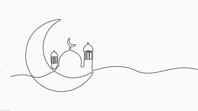 Muslim symbol in style of continuous editable linear drawing. Animation on white background, crescent moon, continuous line drawing, single line drawn concept video.