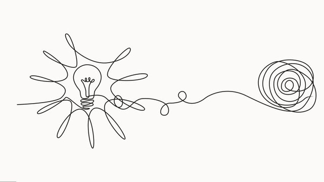 Animated self drawing of unraveling to glowing light bulb animation continuous one line drawing, tangled and scribble wires with light bulbs. Concept of complex problem solving process.