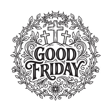 Good Friday Circular Floral Medallion with Three Crosses and Crown of Thorns, Hand Drawn Calligraphy Illustration
