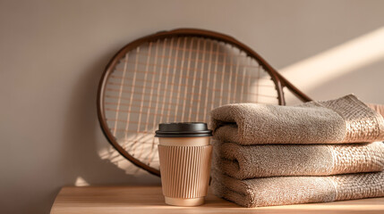 Fototapeta premium Tennis racket rests on a table near towels and a coffee cup in a bright room setting