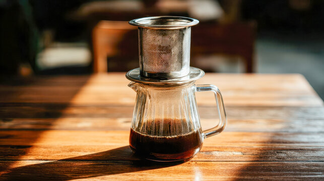 Close-up view of a metal phin filter on a wooden table with brewed coffee below it