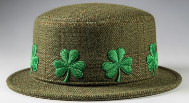 A high-quality studio close-up of a classic green wool tweed pork pie hat featuring festive embroidered bright green shamrock patches evenly spaced around the base of the crown for St. Patrick's Day.