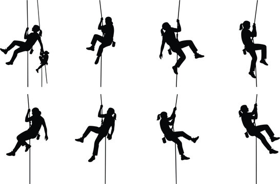 Collection of Black Vector Silhouettes Featuring Female Rock Climbers and Rappellers Ascending and Descending Ropes in Various Athletic Poses Isolated on a White Background