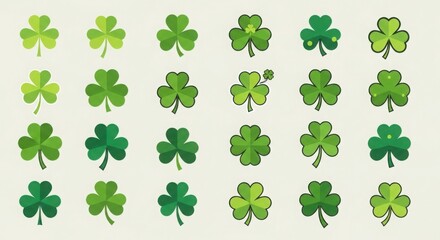 Fototapeta premium A comprehensive digital collection of diverse shamrock and clover icons, featuring varied green shades, geometric shapes, and stylized botanical designs arranged neatly on a soft off-white background.