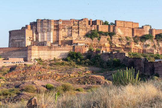 Mehrangarh Fort with the adjacent rocky landscape, Jodhpur, Rajasthan, India