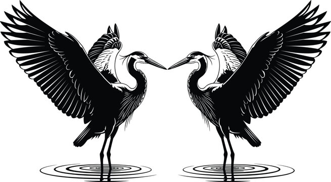 Detailed Black and White Vector Illustration of Two Great Blue Herons Facing Each Other with Wings Spread Wide Standing in Water Ripples on White Background