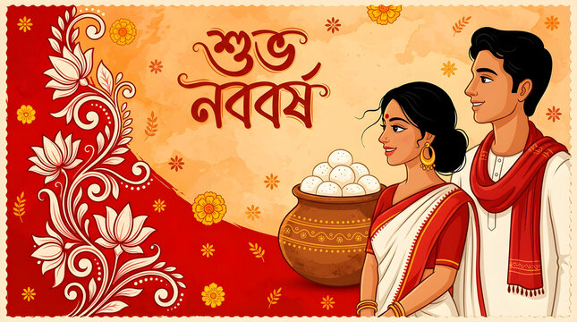 Bengali new year celebration with couple and traditional elements