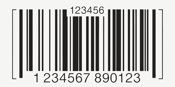 "A professional, high-resolution minimalist vector illustration of a standard product barcode, isolated on a light grey checkered background. The design features clean black vertical lines of varying 