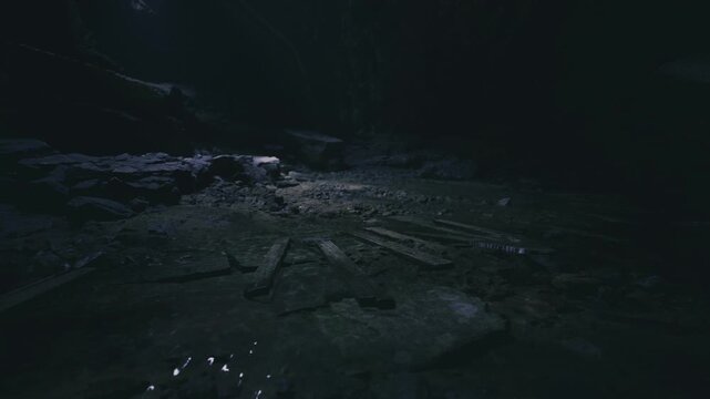 Ancient ritual circle marked by timbers, shadowed altar shapes and carved glyphs, smokestained stones and weathered surfaces suggesting ceremonial past