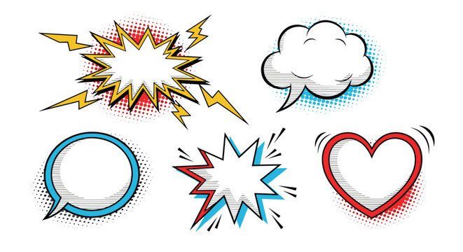 Dynamic set of colorful comic book speech bubbles and starburst shapes with halftone patterns for pop art style design.