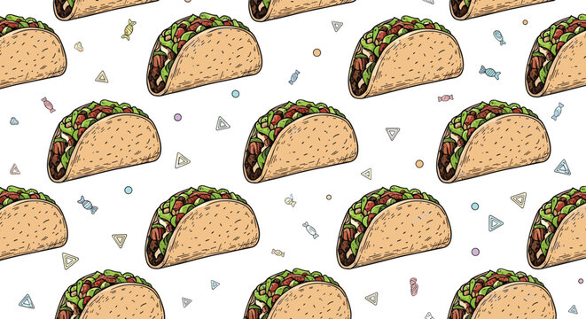 Fun seamless pattern with delicious tacos and colorful geometric shapes on a white background for food and restaurant themes.