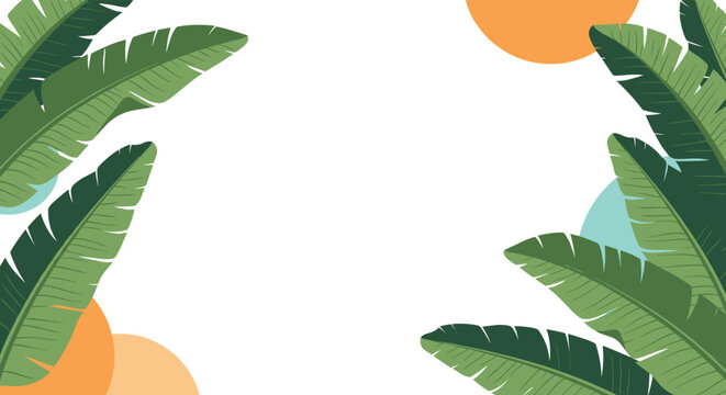 Tropical frame with green banana leaves and orange circles on a white background for summer vacation and exotic themes.