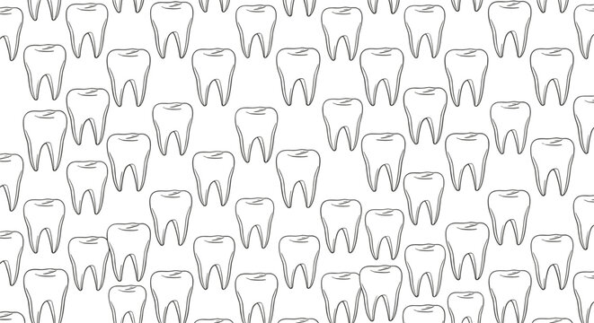 Simple seamless pattern with hand drawn sketches of healthy teeth on a white background for dental and medical themes.