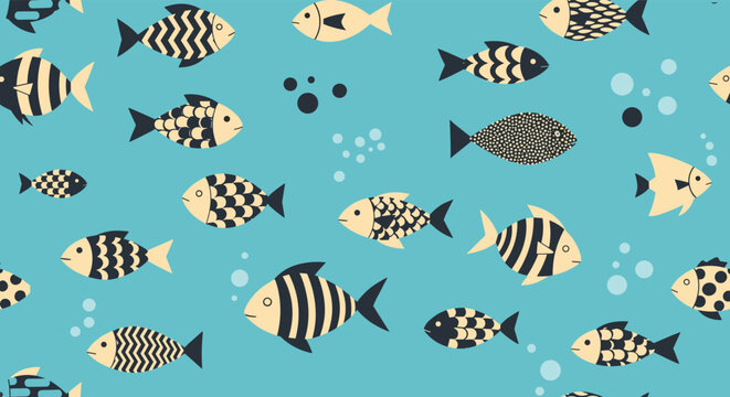 Beautiful seamless underwater pattern showcasing a wide variety of stylized fish with different patterns and shapes in shades of blue and cream.