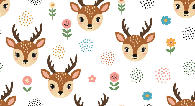 Charming seamless pattern featuring cute deer heads with antlers, colorful flowers, and abstract dots on a clean white background for kids.