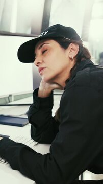 Woman, fatigue or security guard sleeping in control room for shift burnout, overworked or safety threat. CCTV screen, worker or tired in office with nap, misconduct or surveillance breach with flare