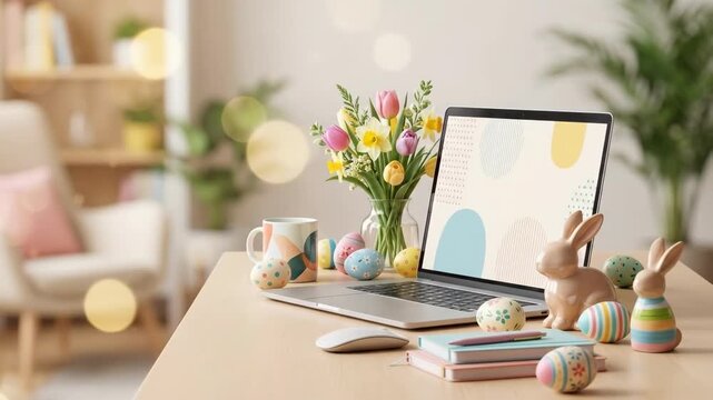 Easter home office desk with open laptop and painted eggs. Bunny figurine tulips and mug on wooden surface. Spring holiday workspace blending productivity and celebration
