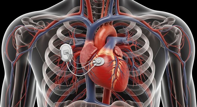 Cardiac pacemaker medical implant inside human chest with dark background 3D render