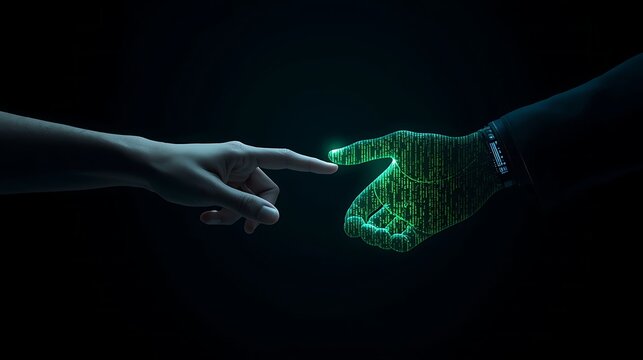Cyberpunk Collaboration Between Human and AI with Glowing Code Hand