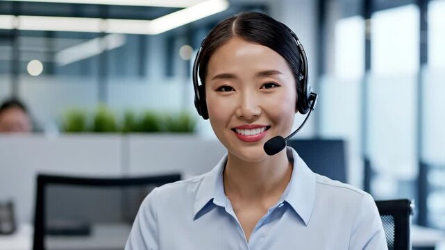 smiling asian female customer support agent wearing headset in modern office. call center operator, online consultant, helpdesk concept. corporate career, business presentation.