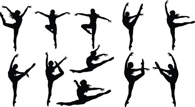 Graceful rhythmic gymnastics and ballet dancer black silhouette set with flexible female athletes in jumping and dancing poses isolated on white background for vector.