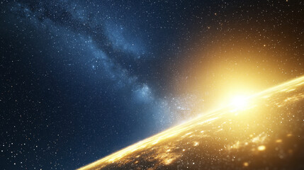 Obraz premium Breathtaking view of starry sky with glowing sun rising over planet horizon, creating sense of wonder and awe