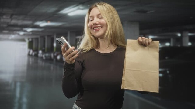 Woman holding paper bag and smartphone smiles while showing the delivery bag in a building parking garage; joy convenience.