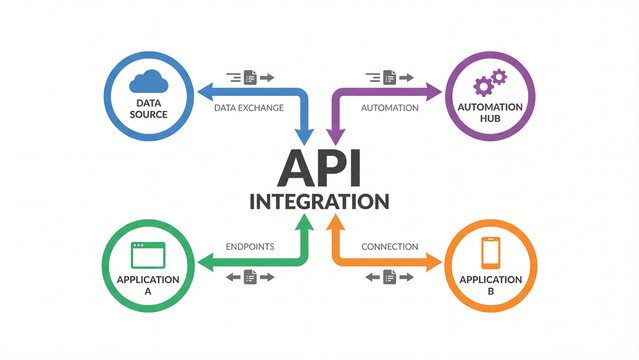 API integration technology concept diagram illustrating data exchange automation endpoints application connectivity and system communication for software development enterprise architecture