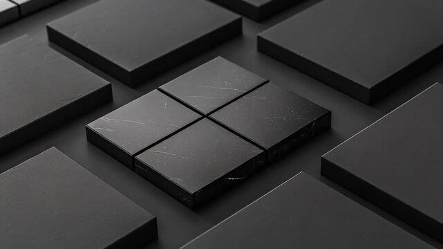 A dark and abstract architectural composition of overlapping, textured, and cubic blocks arranged in a grid pattern