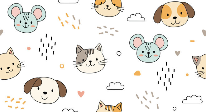 Adorable seamless pattern featuring cartoon faces of cats dogs and mice with soft colors and simple decorative elements on white background.