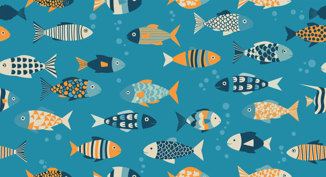 Vibrant seamless pattern with various stylized fish in different colors and patterns swimming in a deep blue ocean with small bubbles.
