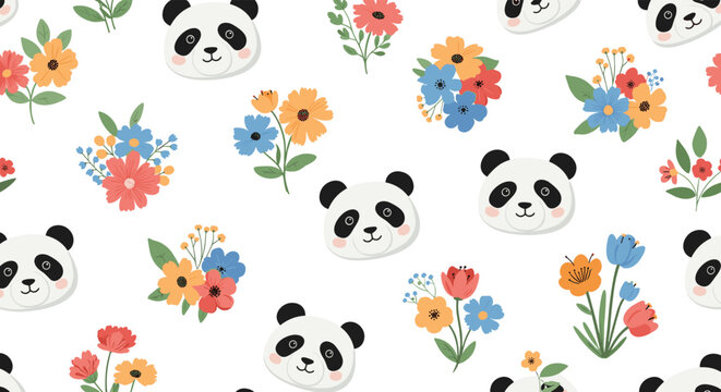 Adorable seamless pattern with cute panda heads and colorful flower bouquets on a white background suitable for kids fabric or paper.