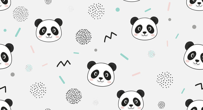 Playful seamless pattern featuring cute panda heads with various geometric shapes and textured circles on a light gray background.