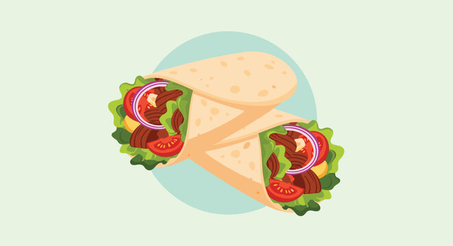 Delicious chicken or beef shawarma wraps with fresh vegetables including lettuce, tomato, and onion on a light green background.