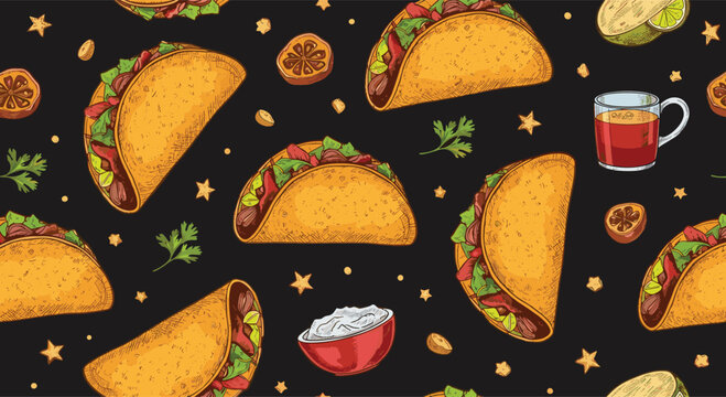 Lively seamless pattern featuring mexican tacos salsa bowls drinks stars and lemon slices over a dark black background.