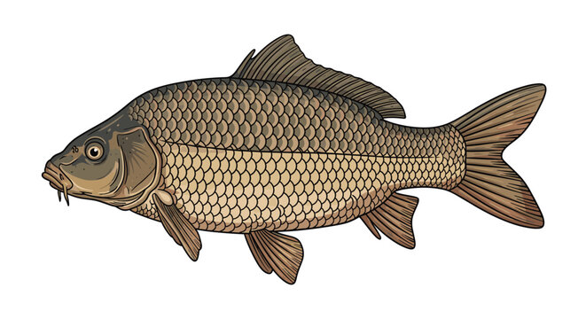 Detailed color illustration of a common carp fish with intricate scales and fins isolated on a plain white background.
