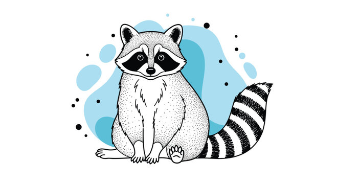 Detailed stipple art illustration of a raccoon sitting in front of abstract blue shapes with black spots on a white background.