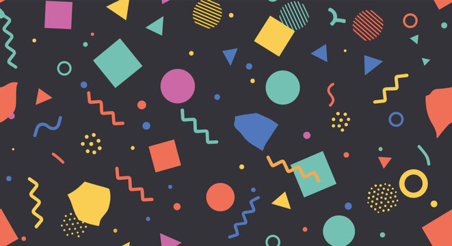 Retro memphis style seamless pattern with colorful geometric shapes like circles squares and triangles on a dark background.