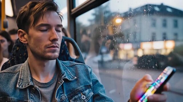Evening bus passenger looking through window at rainy street lights, man holding smartphone in hand inside public transport, blurry city reflection on glass. Concept of urban loneliness and mood