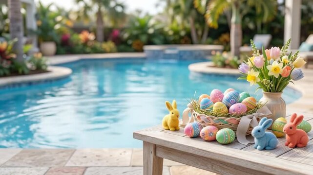 Easter eggs and bunny toys in basket on poolside table. Spring holiday decorations in tropical garden setting. Backyard celebration concept for family easter gathering