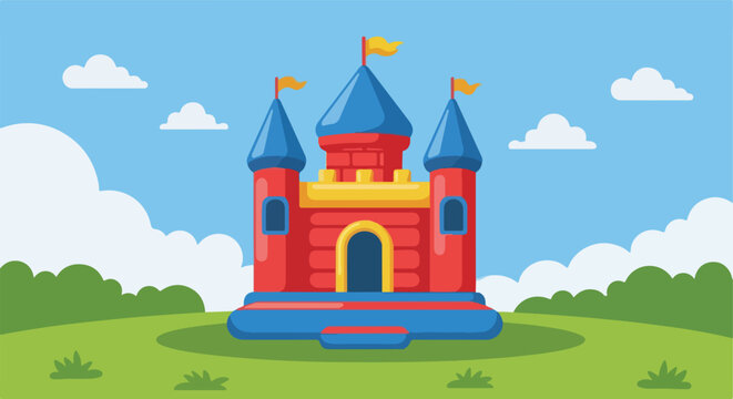 A colorful inflatable castle bounce house situated on a bright grassy green field