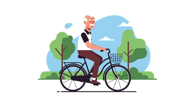 A happy elderly man with a white mustache riding a bicycle through a park area