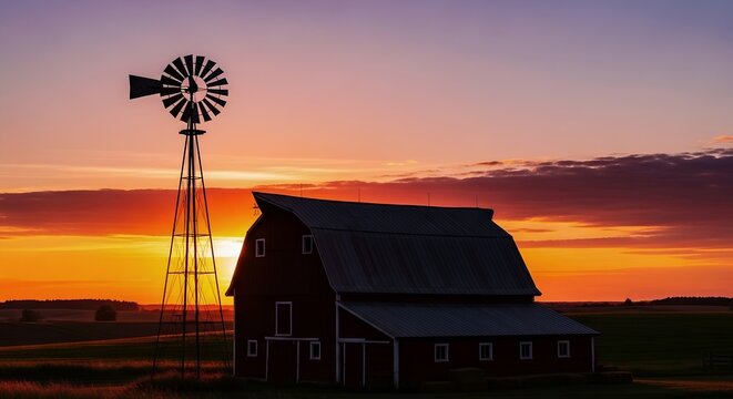 A serene rural landscape featuring a barn and windmill at sunset