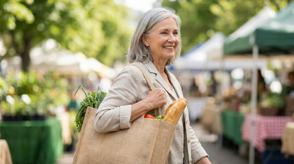 Fototapeta premium Senior woman with eco shopping bag smiling at farmers market 