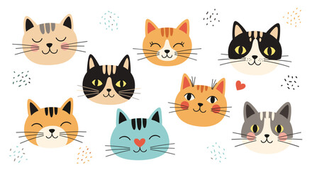 Obraz premium Charming collection of ten diverse cat head illustrations in different colors and patterns with cute facial expressions on white background.