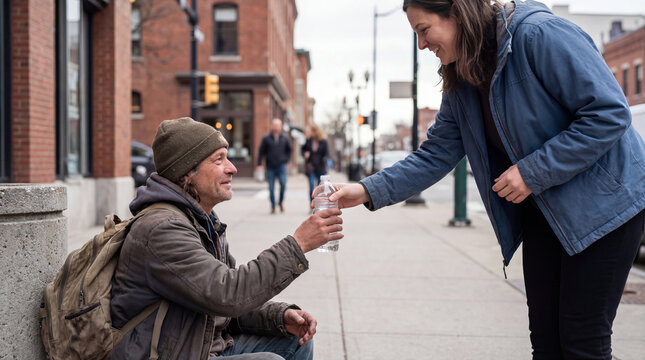 Woman giving water to homeless man on city street in spring  