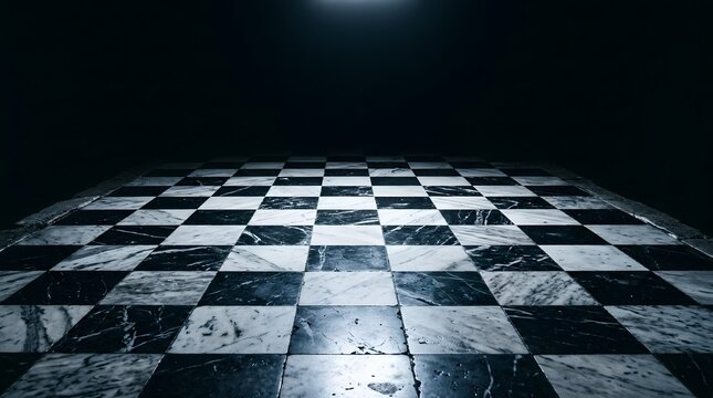 Dark marble chessboard under dramatic lighting in empty room