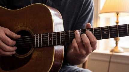 Fototapeta premium Man playing guitar in camper van