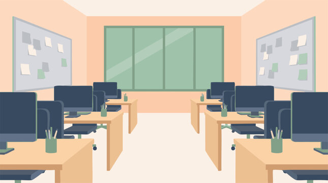 Empty modern computer lab classroom with desks, monitors, and whiteboards