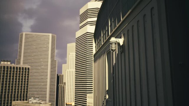 Brooding Boston financial skyline with monumental colonnade in foreground, heavy storm clouds gathering over glass towers, stark lighting and tensionfilled